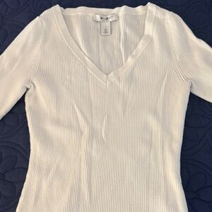 White House Black Market Ribbed V-Neck Sweater in White